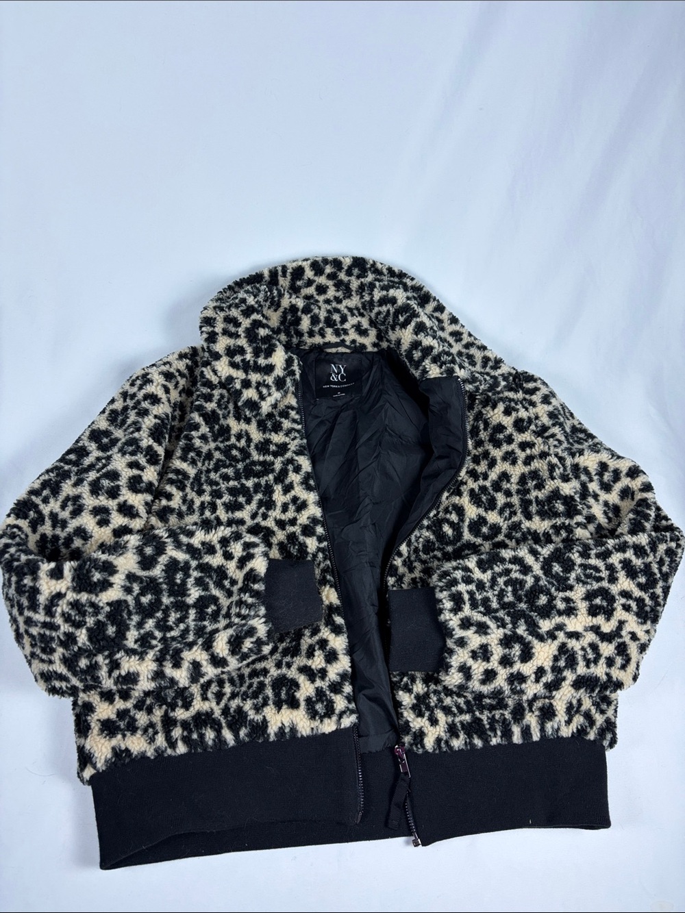 New York & Company Black and Cream Leopard Faux-Fur Bomber Jacket - Picture 7 of 9